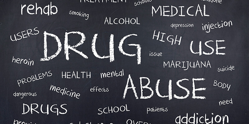拼贴画中写在黑板上的与毒品和滥用有关的词语