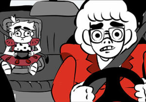 画一个神经质的女人开车，后座上坐着一个小孩